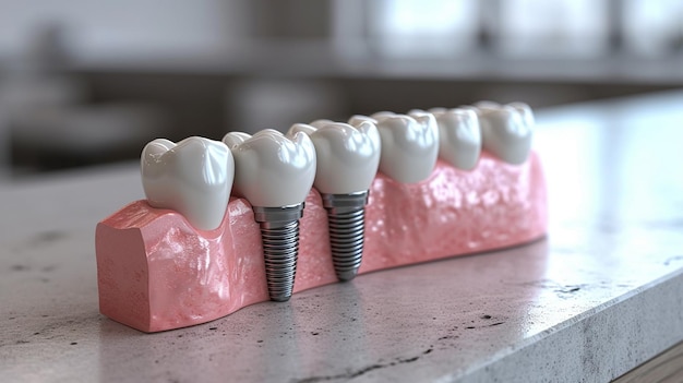 写真 室内でテーブルの上に歯と冠の間に歯のインプラントのポストを持つ教育モデル