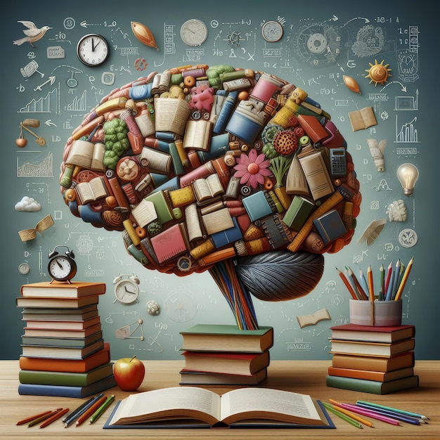 Photo educational poster material a brain made of books representing learning