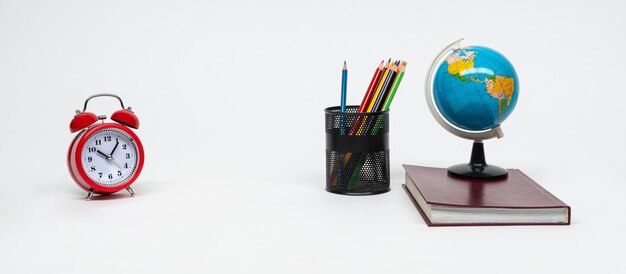 Educational school supplies on a white background