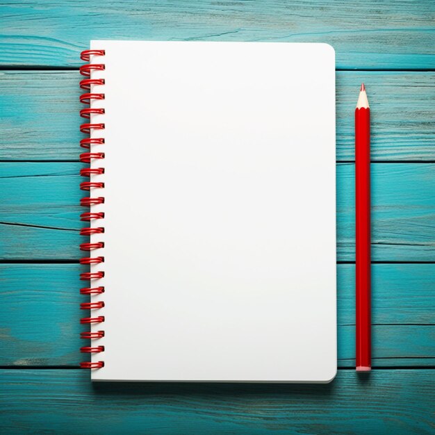 ソーシャルメディアの投稿サイズ用の青い木製の背景のノートパッドと赤い筆