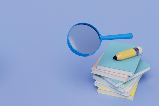 Educational supplies pencil magnifier and books on a blue\
background copy paste copy space 3d render