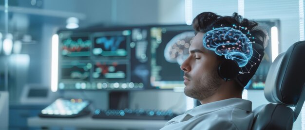 Photo an eeg reading is displayed on a monitor along with a graphic showing the anatomy of the brain in the background a man wearing a brainwave scanning headset sits in a chair with closed eyes