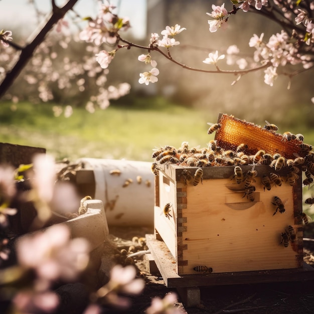 пчеловод в защитном костюме и перчатках осматривает соты с пчелами Generative Ai