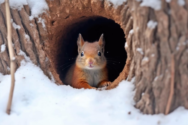 Eekhoorn die noten begraaft in een boomgat voor de winter gemaakt met generatieve AI