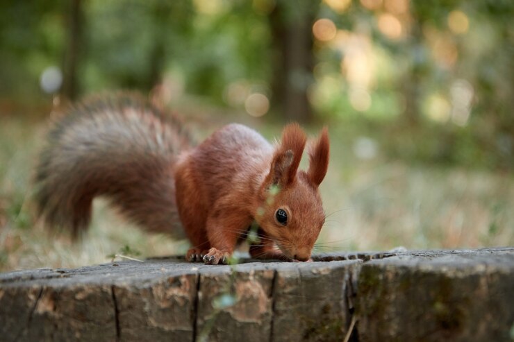 Foto eekhoorn in het bos op een boomstronk eet een noot, pluizige staart, herfst, gevallen bladeren