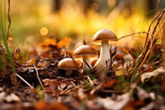 Eekhoorntjesbroodclose-up van Bospaddestoelen in het Gras Herfst Seizoen Kleine Paddestoelen Generatieve AI