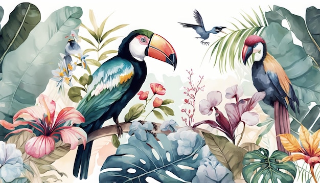 Eeming with colorful birds like macaws, flamingos and toucans and wild beasts