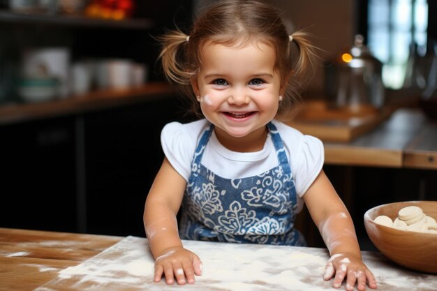 Een 2-jarig meisje raakt deeg aan in de keuken, een moderne ochtendkeuken met kopieerruimte