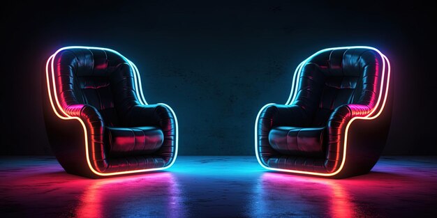 Een 2 zwarte stoelen op een donkere met een neon licht achtergrond