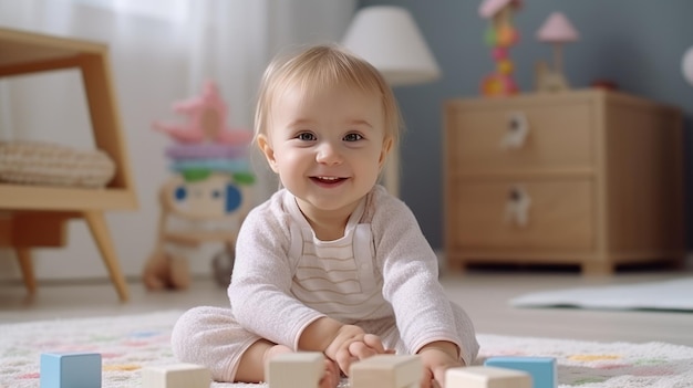 Een 23-jarig kind speelt met speelgoed in een kinderkamer Gelukkige jeugd Vrijetijd van de baby Vroege ontwikkeling