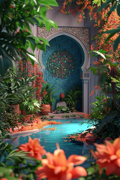 een 3D-achtergrond met een Perzische tuin