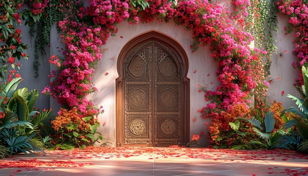 een 3D-achtergrond met een traditionele deuropening versierd met een bloemenboog voor Nowruz