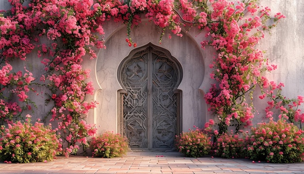 een 3D-achtergrond met een traditionele deuropening versierd met een bloemenboog voor Nowruz