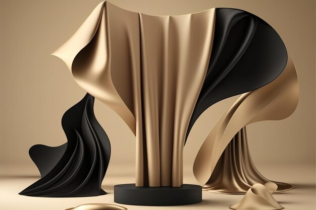 Een 3D-afbeelding van een goud en zwart gordijn.