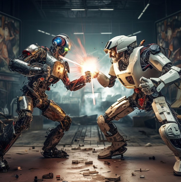 een 3D-afbeelding van twee vechtende robots, waarvan er één wordt vastgehouden voor een poster met de tekst robot.