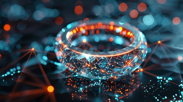 Foto een 3d-animatie van een futuristische slimme ring die gloeit op een reflecterend diamantoppervlak en geavanceerde draagbare technologie en de integratie van mode met hightech luxe toont