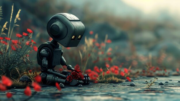 Een 3D-animatie van een sombere robot die tussen levendige rode bloemen zit en een aangrijpend contrast tussen technologie en natuur oproept, emoties roert en reflectie op kunstmatige intelligentie.