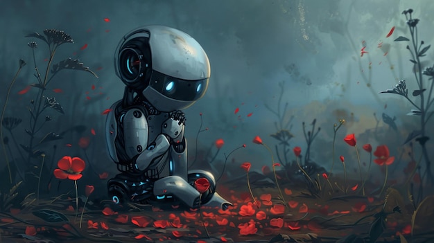 Een 3D-animatie van een sombere robot die tussen levendige rode bloemen zit en een aangrijpend contrast tussen technologie en natuur oproept, emoties roert en reflectie op kunstmatige intelligentie.