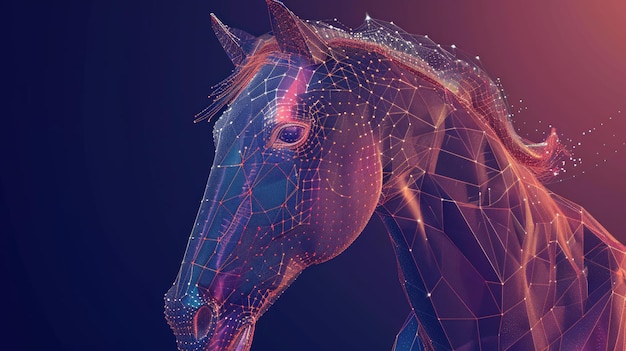Foto een 3d-animatie van het gezicht van een paard weergegeven in een dynamische raster stijl de veelhoekige lijnen vormen de edele contouren van het dier benadrukt door een gradiënt van warme kleuren tegen een donkere achtergrond