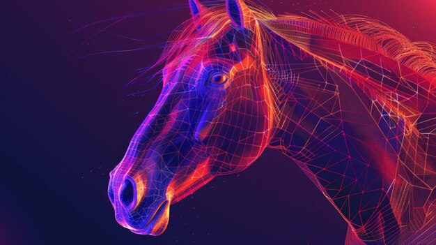 Foto een 3d-animatie van het gezicht van een paard weergegeven in een dynamische raster stijl de veelhoekige lijnen vormen de edele contouren van het dier benadrukt door een gradiënt van warme kleuren tegen een donkere achtergrond