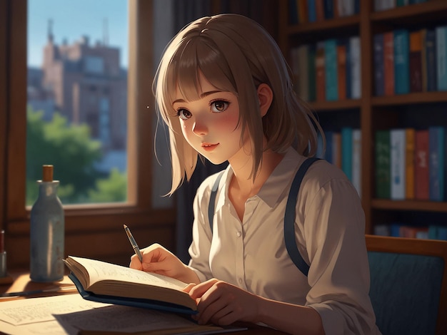 een 3D-anime meisje dat een boek leest in een bibliotheek met boeken op de achtergrond