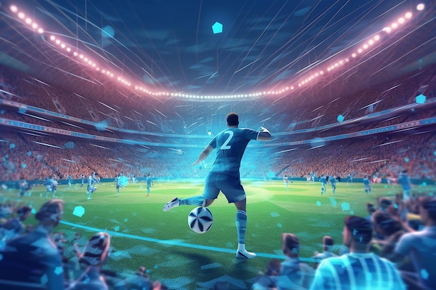 een 3D-avatar met een sportthema die een doelpunt scoort in een gegenereerde AI