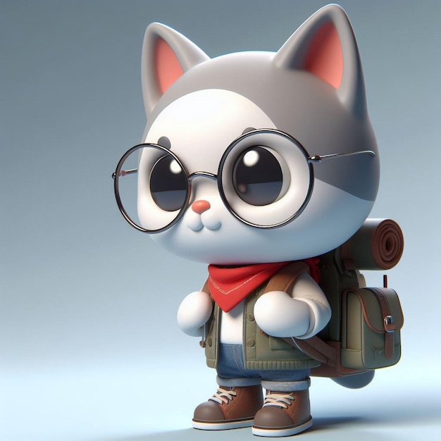 Een 3D cartoon kat met rugzak op een grijze achtergrond