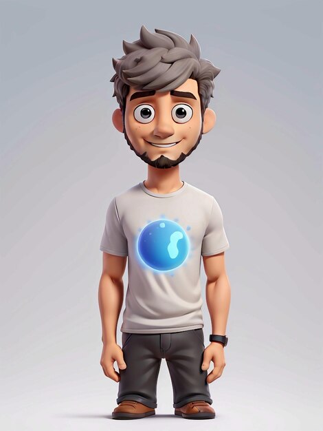 Een 3D cartoon personage met een grijs T-shirt