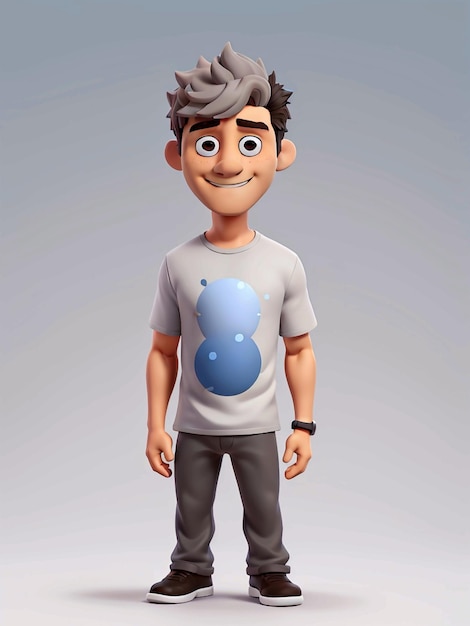 Een 3D cartoon personage met een grijs T-shirt