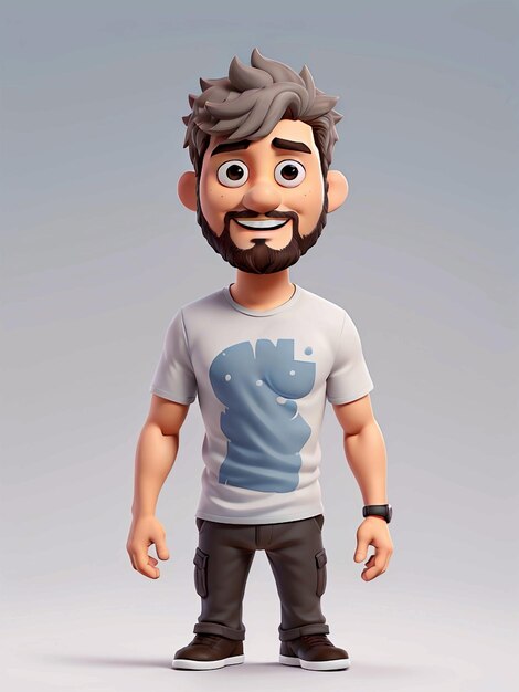 Een 3D cartoon personage met een grijs T-shirt