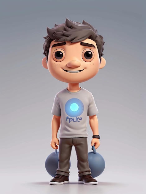 Een 3D cartoon personage met een grijs T-shirt