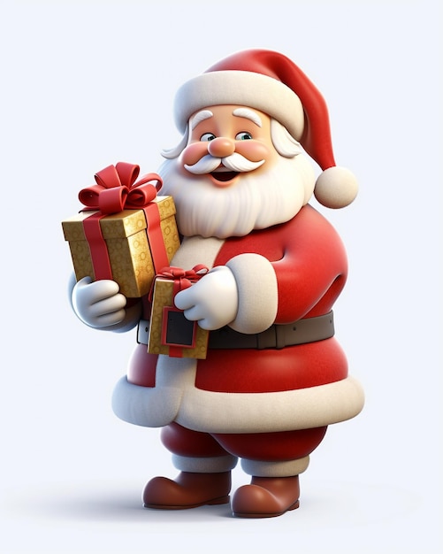 Een 3D cartoon personage van de Kerstman die lacht met geschenken generatieve ai