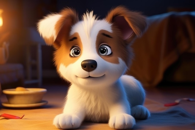 Foto een 3d-cartoon van een schattig en schattig pluizig hondenpuppy