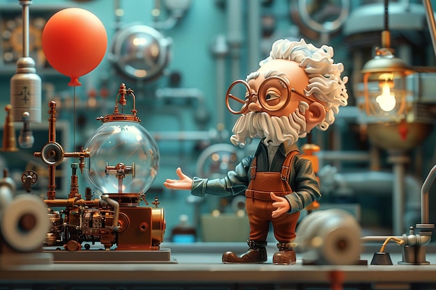 Foto een 3d cartoonish uitvinder naast een wild complex rube goldberg machine ontworpen voor een eenvoudige maar hil