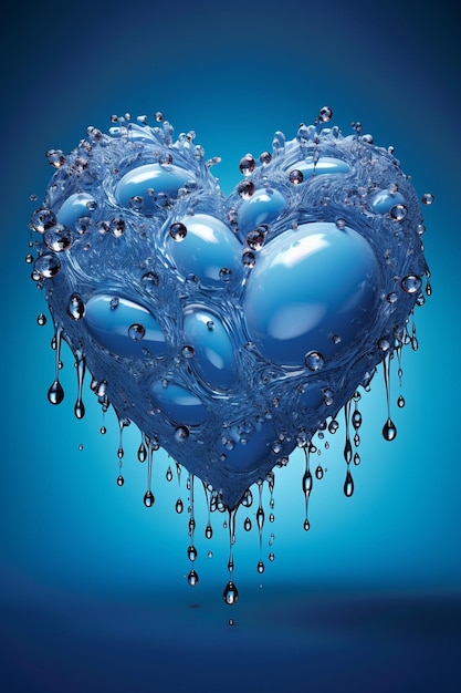 een 3D-compositie met waterdruppels in de vorm van een hart