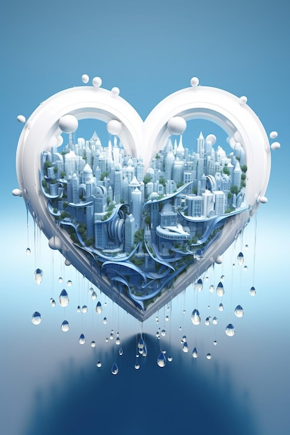 een 3D-compositie met waterdruppels in de vorm van een hart