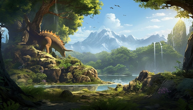 een 3D denkbeeldig landschap waar mythische wezens naast echte bedreigde soorten bestaan