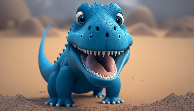 Een 3D-gegenereerde blauwe TRex-dinosauruscartoon die gewoon schattig is