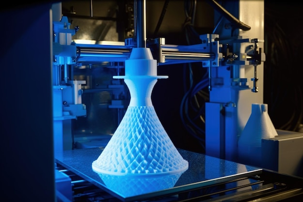 Een 3D-geprint object staat op een tafel met een blauw licht Generative AI