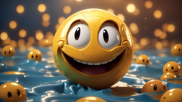 Een 3D-gerenderde smiley bal cartoon gezicht met een ondeugende grijns splash achtergrond