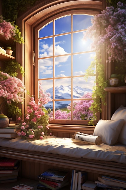 een 3D gezellige leeshoek bij een raam met uitzicht op een voorjaarslandschap buiten