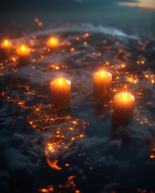 een 3D-globale kaart met steden verlicht door kaarsen