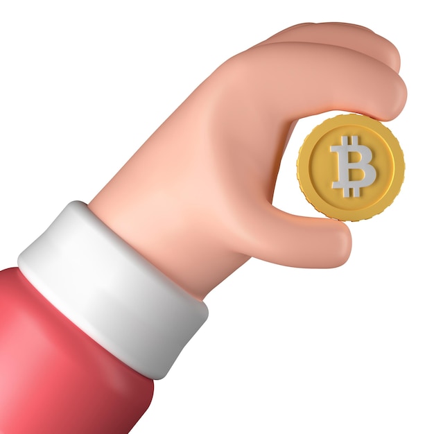 Een 3D-hand met Bitcoin-illustratie geïsoleerd op een witte achtergrond