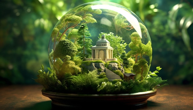 een 3D heldere glazen bol met een levendige groene wereld erin