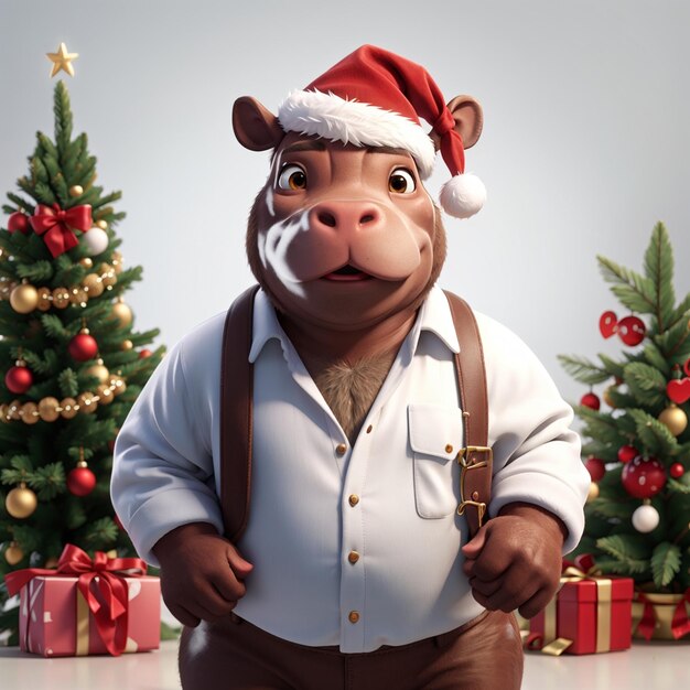 Foto een 3d-hippopotamus met kerstkleding en staande op een witte achtergrond