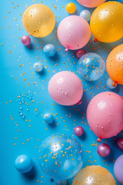 een 3D Holithemed uitnodiging met minimalistische waterballonnen in Holi kleuren