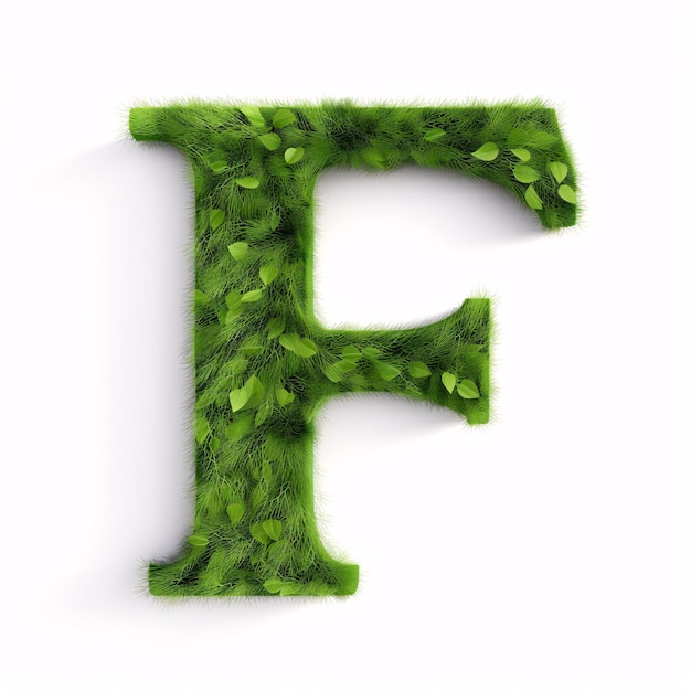 Foto een 3d hoofdletter f gemaakt van gras met een witte achtergrond een groen lettertype en een gedetailleerde weide die ecologie en behoud van de planeet vertegenwoordigt