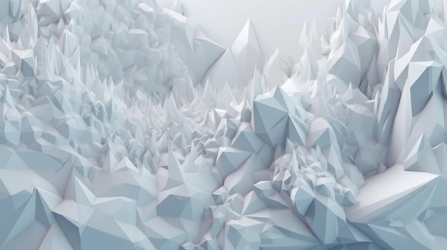 Een 3D illustratie van een berglandschap met witte en blauwe driehoeken.