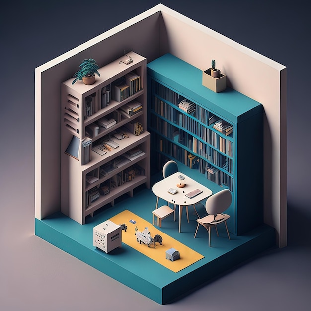 Een 3D illustratie van een kamer met een boekenkast en een boekenkast.