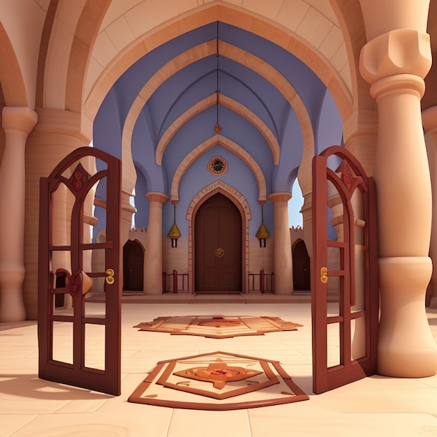 Een 3D-illustratie van een moskee met een poort in het midden in moslim